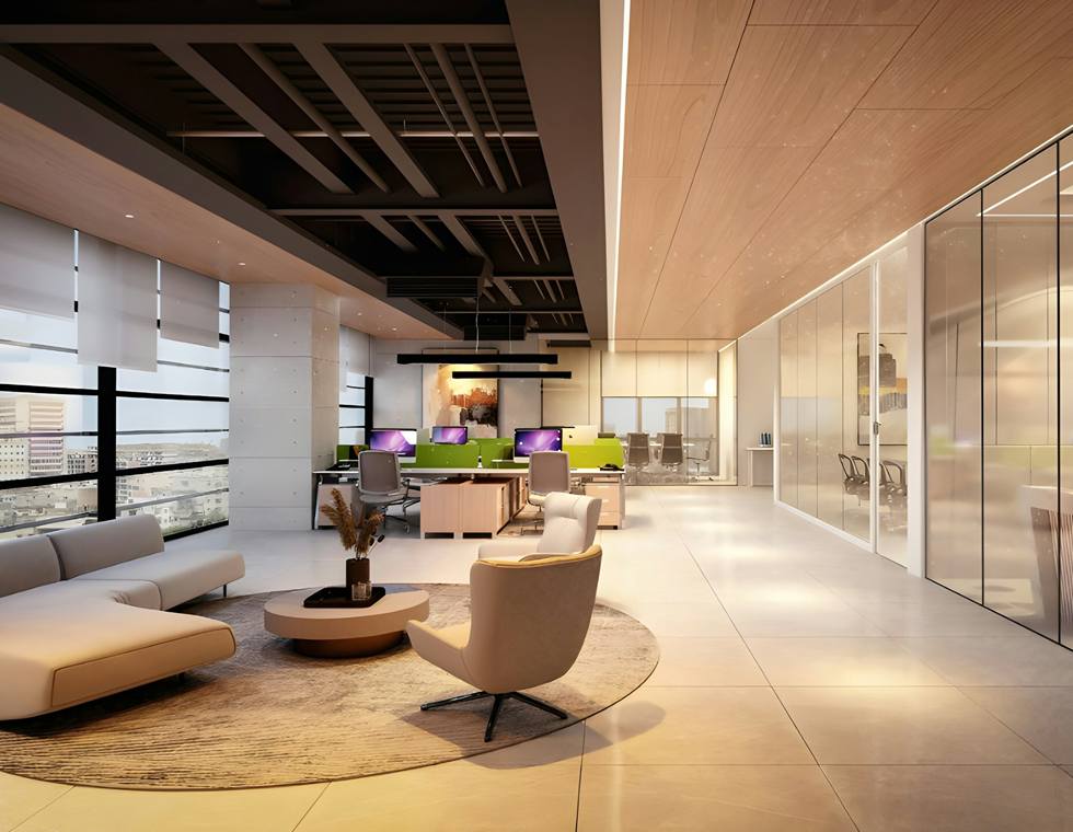 A modern office lounge with sofas, armchairs and glass partitions.